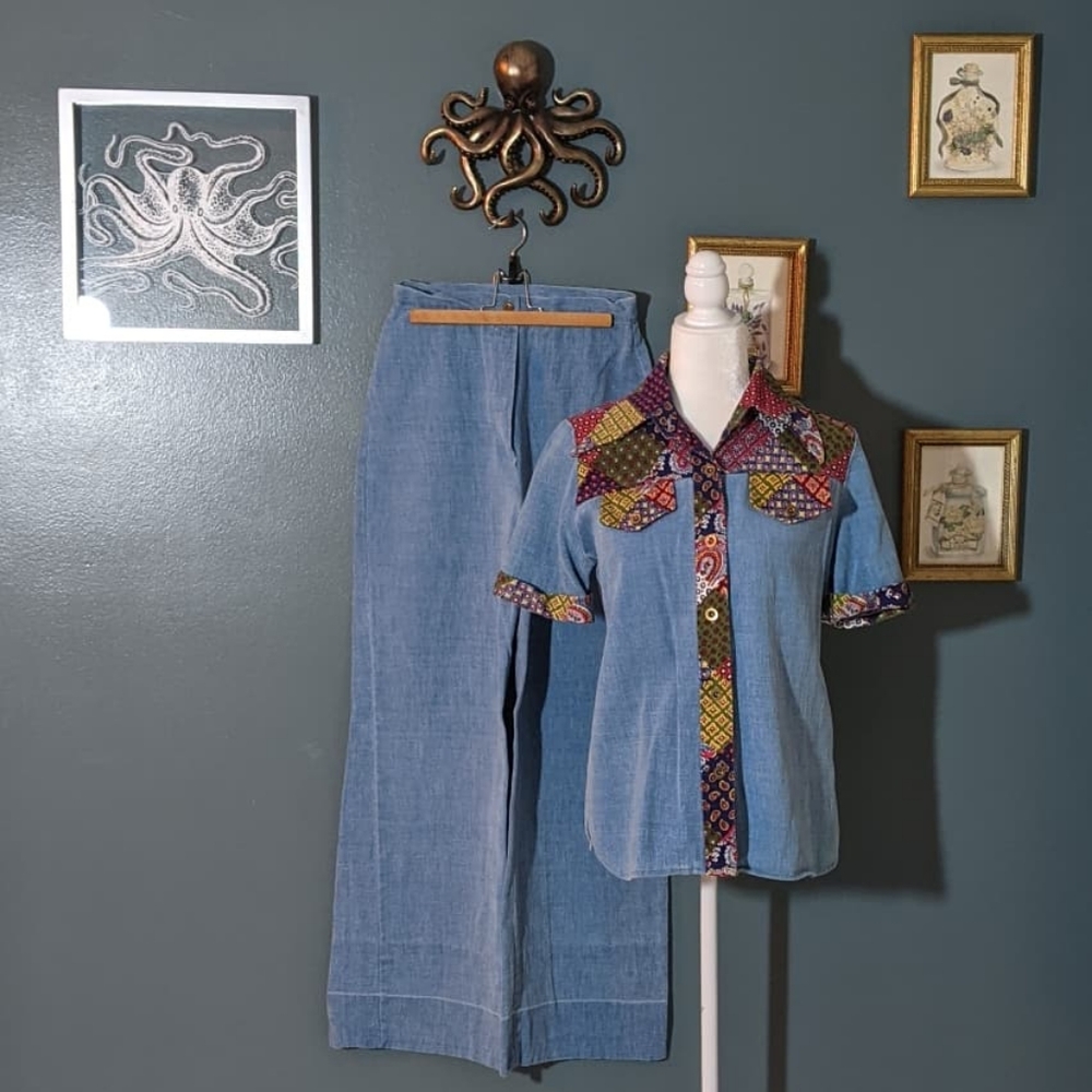 Groovy 1970s Denim and Patchwork Pant Set